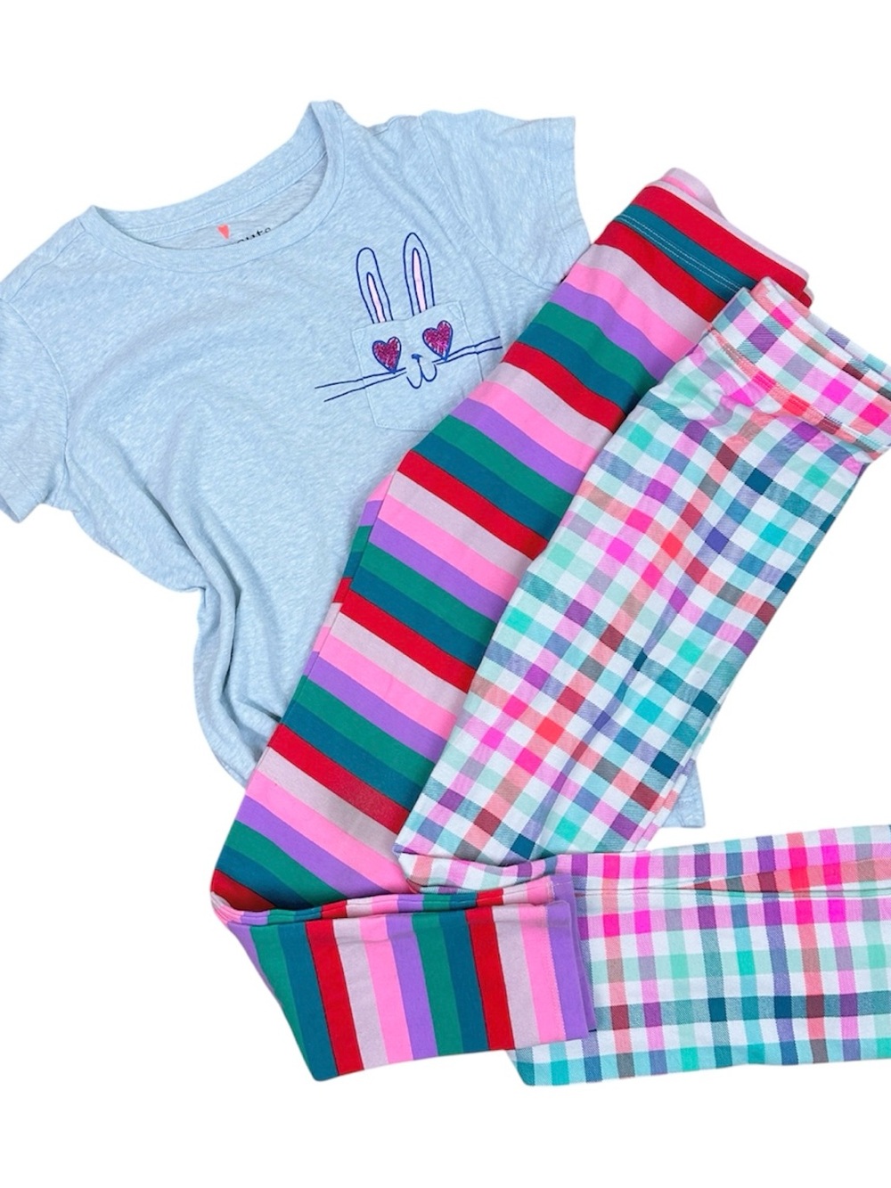 Crewcuts Light Blue Bunny Tee & Pink, Teal & Purple Striped Plaid Leggings